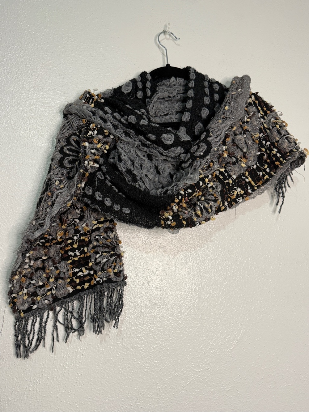 Women's Black & Gray Textured Fringe Scarf. Unbranded. 14”X82”
